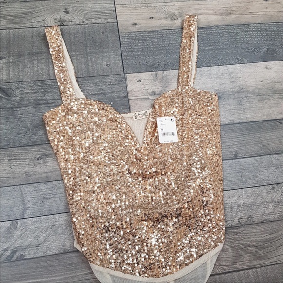Free People Sparks Fly Corset Bodysuit Top Medium 12 14 Gold Sequin Party BNWT - Picture 5 of 12